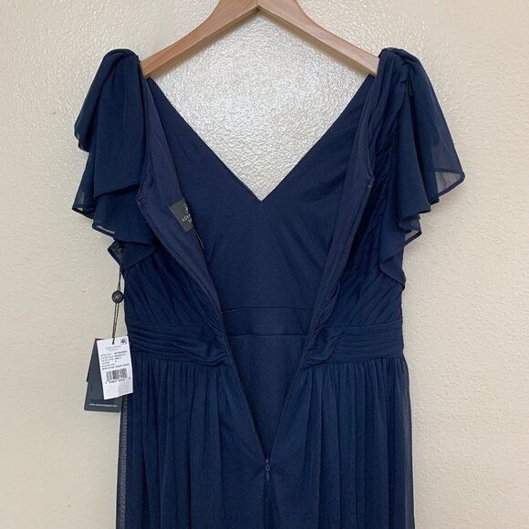 Adrianna Papell Shirred Tulle Gown Size 2 Flutter Sleeves Pleated Midnight - Picture 7 of 10